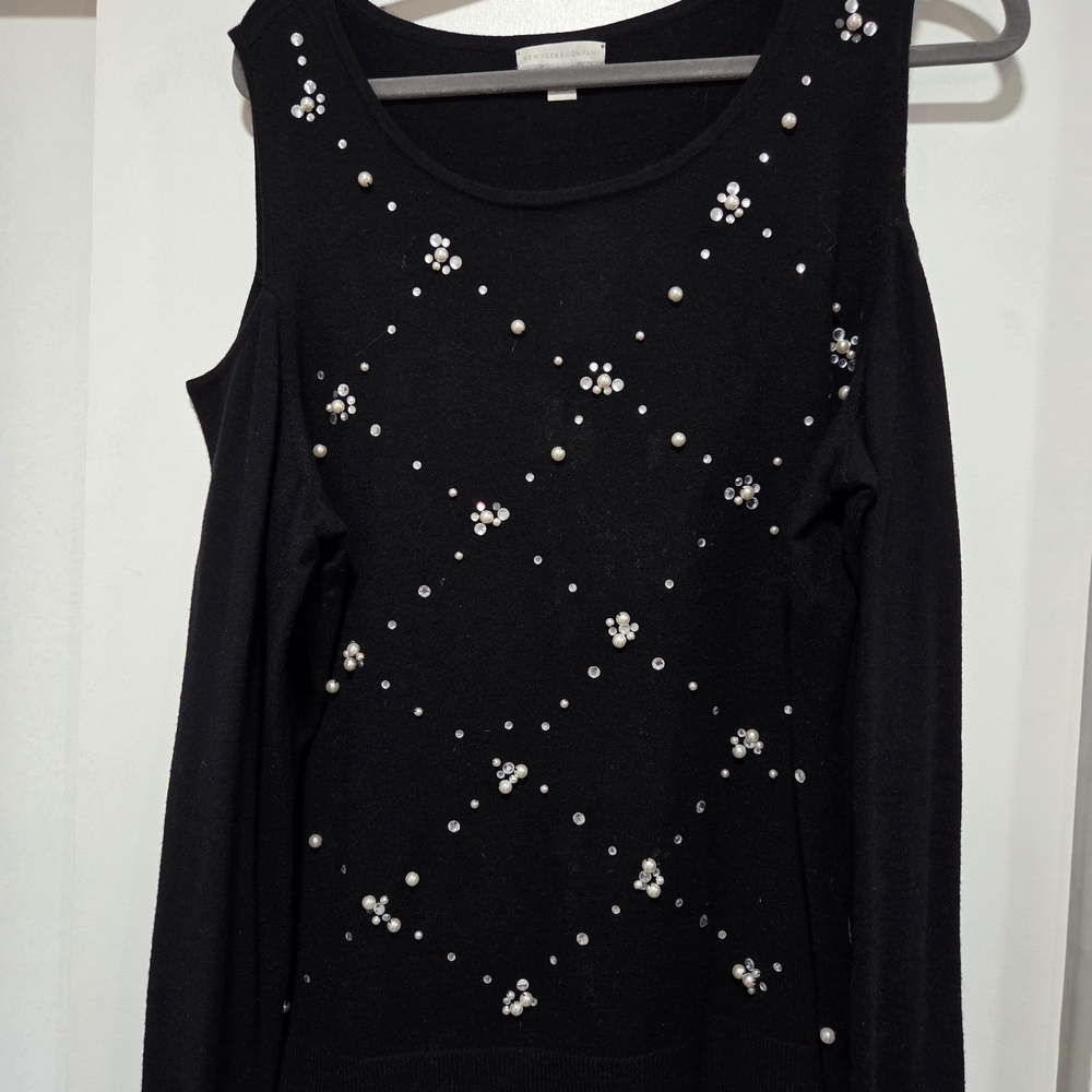 New York & Company Black Embellished Cold Shoulder Sweater